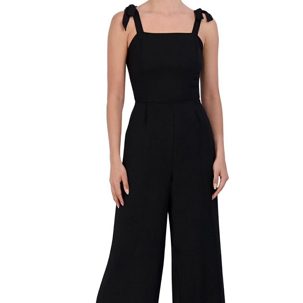 BCBG paris black square neck cropped open back shoulder tie jumpsuit size XXL